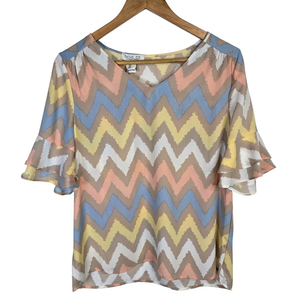 Rachel Zoe Chevron Blouse Top Women's Size S Short Ruffle Sleeve‎ Pastel